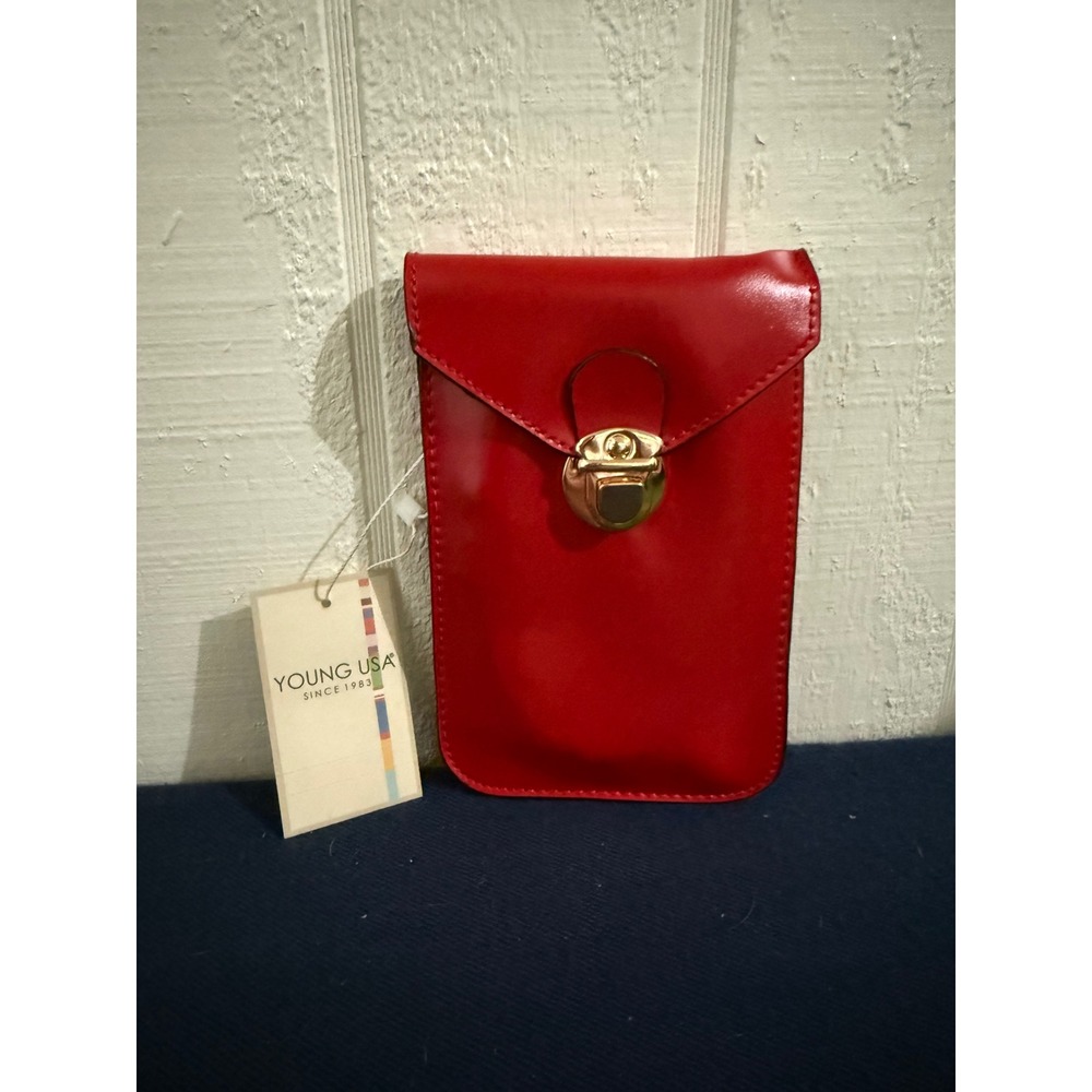 Young USA Red Faux Leather Crossbody Phone Bag Gold Lock NWT